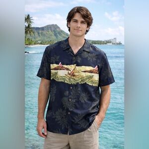 Bishop St Hawaiian Shirt Mens L Volcano Canoe Aloha Camp Button Up Island READ